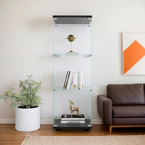 Stehende Glasvitrine, 42 x 36 x 125 cm, Glasschrank mit 3 Regalen, 1 schließende Tür, Ausstellungsvitrine, Sammlervitrine, für Wohnzimmer (Farbe Schwarz/42 x 36 x 125 cm)