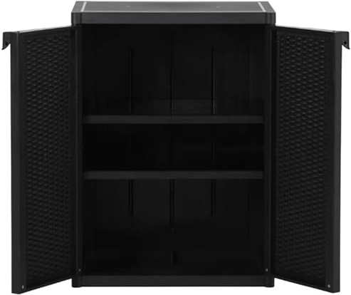 Eleganz Gartenschrank Schwarz Outdoor Schrank Spind: Kunststoffschrank 65x45x88 cm PP Rattan-Optik - Haushaltsschrank, Spindschrank, Auflagenbox mit Einlegeböden, Geräteschrank Balkon