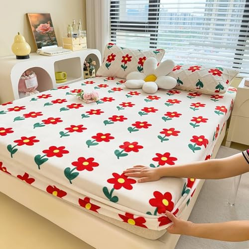 Aotiwe Fitted Sheet - Sábana bajera ajustable (terciopelo lechero, con 2 fundas de almohada, 150 x 200 cm), diseño de flores, color rojo