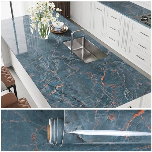 VEELIKE Papier Peint Marbre Bleu Orange Brillant Revetement Plan de Travail Cuisine Lavable 40 cm x 300 cm Papier Peint Autocollant Effet Marbre Bleu Épaissir Papiers Peints Decoratifs Salle de Bain
