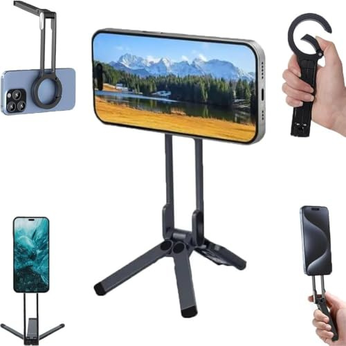 Ma38 Magnetic Phone Tripod for iPhone, Portable Phone Holder Mini Tripod For Mag Safe For Ipnone, 180° Adjustable Pocket Selfie Stick, Aluminium Alloy Phones Stand for All Mobile Phones (Black)