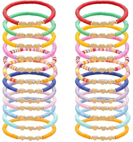 24 Pcs Flat Heart Bead Adjustable Friendship Braceletsz, Preppy Bracelets for Girls, Colorful Girls Braceletss, Kids Bracelets with Flat Beads, Clay Beads Set for Summer Surfer Beach Party Accessories