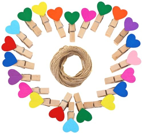 THQAE 50 Pezzi Mollette in Legno, 3,7cm Portafoto con Clip a Forma di Cuore, Mollette con Corde Canapa 10m e 10 Chiodi Antitraccia, Ideali per Feste di Matrimonio e Decorazioni