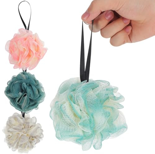 Housoutil 4pcs Large Colored Bath Loofahs Set Shower Body Exfoliator Sponge in Mint Green, Pink, Coffee, Navy Blue Soft Mesh Shower Balls for Bathing and Travel Accessories