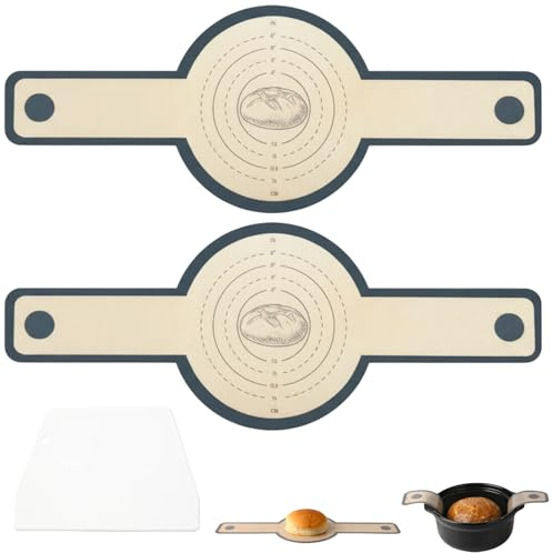 Silicone Bread Sling,2PCS Round Bread Sling with Handles & 1 Plastic Scraper - Non-Stick Reusable Baking Mat for Sourdough Bread Makin