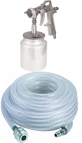 Einhell Pistolet à pulvérisation de Peinture à air comprimé pour compresseur (5 Bar Max, réservoir 1 L, régulateur débit de Peinture et de Jet, raccord Inclus) + Tuyau PVC 15m