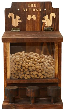 Distributeur de nourriture pour écureuil pour l'extérieur - En bois - 25,4 x 15,4 cm - Mangeoire amusante avec 3 petits tabourets - Observation transparente des tamias - Rangement