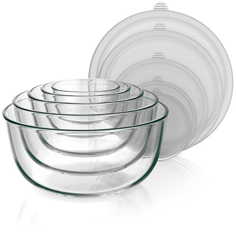 Arendo - Rührschüsseln aus Glas mit Deckel - Glasschüssel 5er Set - 1000ml + 1500ml + 2000ml + 2700ml + 4400ml – Rührschüsseln klein bis groß – Borosilikatglas - Salatschüssel Glasschale