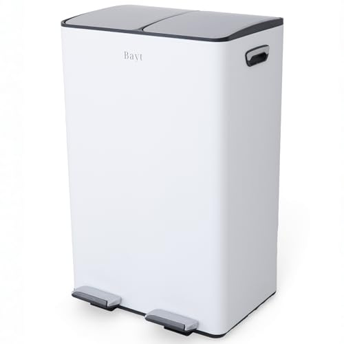 Bayt Poubelle Tri Sélectif 2 Bac 60L (2x30L) – Poubelle Cuisine 60 Litres à Pédale Inox | Poubelle Double Compartiment Anti-Odeur Soft Close pour Déchets et Recyclage Cuisine, Blanc