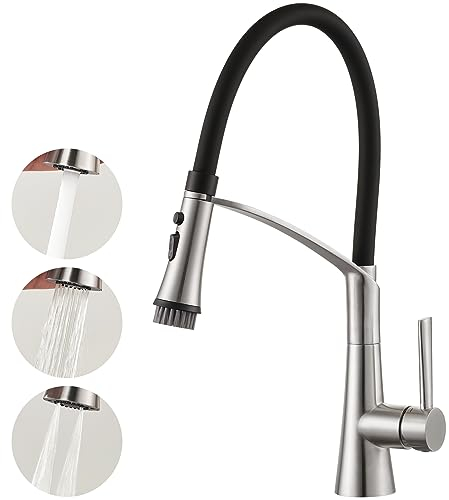 CREA Wasserhahn Küche mit 3 Funktionen Brause, Küchenarmatur mit Ausziehbarer Brause, 360° Drehbare Mischbatterie Küche Schwarz, Spültischarmatur Küche mit Praktischer Bürste, Edelstahl