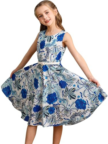BONNY BILLY Vestito Bambina Elegante Cerimonia Festa Floreale Vintage Estivo Senza Maniche con Cintura 5-6 Anni Blu