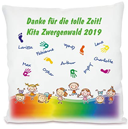 Unikatolo Kita Abschiedsgeschenk, Kissen mit Namen personalisiert, Regenbogen, Kindergarten Abschied Erzieherin Tagesmutter Dankeschön Kindergärtnerin (Hände & Füße)