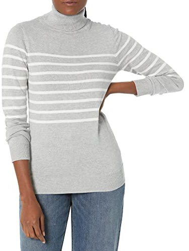 Amazon Essentials Women's Lätt långärmad tröja med polokrage klassisk passform (finns i plusstorlek), Ljusgrå ljung Vit Placerad rand, M