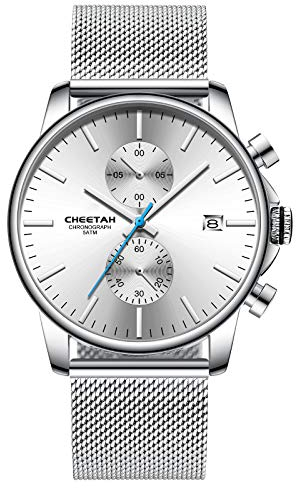 Affute Orologi da uomo moda sport al quarzo analogico nero maglia acciaio inossidabile impermeabile cronografo orologio da polso automatico data - Bianco argentato