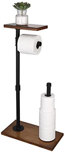 KES Toilettenpaierhalter Stehend Klopapierhalter Schwarz Klorollenhalter Toilettenpapier Halterung Papierrollenhalter WC Rollenhalter Freistehend mit Holz Ablage, BPH505-BK