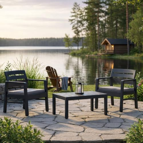 Dmora - Ensemble de salon d'extérieur Benevento, Composition de jardin avec 2 fauteuils et 1 table basse, Salon intérieur et extérieur avec coussins, 100% Made in Italy, Anthracite