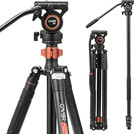 Cayer FP2450 Treppiede a testa fluida, treppiede video in alluminio da 75 pollici, treppiede per fotocamera compatto a 4 sezioni convertibile in monopiede per fotocamera DSLR