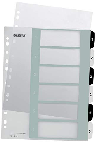 Leitz Register für A4+, 20er Pack, PC-beschriftbares Deckblatt und 6 Trennblätter, Taben mit Zahlenaufdruck 1-6, Überbreite, Weiß/Schwarz, Polypropylen, WOW, 12140000