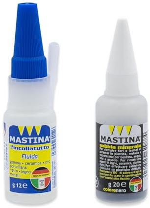 Mastina Incollatutto da 12g e SABBIA NERA da 20g, Kit per Riparazione Professionale su Plastica Legno Metallo Ceramica Gomma e Pietra, Adatto per la saldatura chimica su Plastica