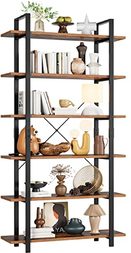 FirFurd Bücherregal Standregal mit 6 Ebenen Regal aus Holz und Metall Badezimmerregal im Industrie-Design Küchenregal stehend 105.2 x 33 x 210.5 cm schwarz