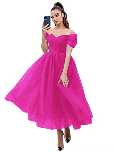 KURFACE Vestidos de graduación sin tirantes, hombros descubiertos, longitud del té, vestidos de fiesta de boda para mujer con pliegues, fucsia, 36