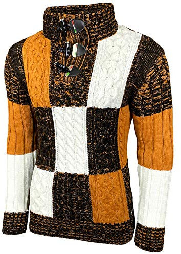 Baxboy Herren Grobstrick Pullover Strickpullover Stehkragen Winter-Freizeit-Jacke Muster Design Meliert Sweatshirt Pulli B-51112, Farbe:Camel, Größe:M