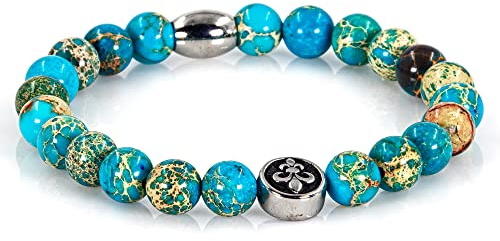 Bracciale con diaspro, bracciale con perle, giglio fiorentino blu, argento, 8 mm, in acciaio inossidabile
