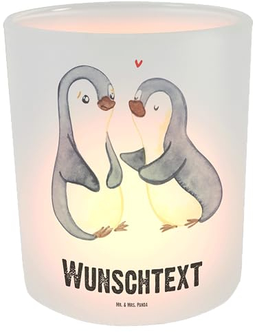 Mr. & Mrs. Panda Personalisiertes Windlicht Pinguine trösten - Personalisierte Geschenke, Valentinstag, Kerzengläser, mit Namen, Freundin, Geschenk für Frauen, Teelichthalter, Mitbringsel, Windlichter