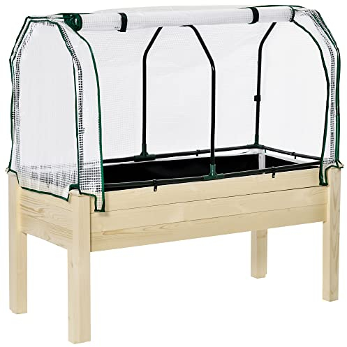 Outsunny Hochbeet Frühbeet mit Gewächshaus, Gemüsebeet mit Stoffauskleidung, Kräuterbeet mit Stahlrahmen, Blumenkasten für Garten, Balkon, Tannenholz, Natur 121 x 55 x 117cm