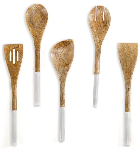The Art Box Set 5 utensili Cucina Legno Cucina Antiaderenti Con Forchetta Legno da 30 cm, Cucchiaio Angolare, Tornitore Scanalato, Cucchiaio, Spatola per Cottura, Senza BPA, Bianco