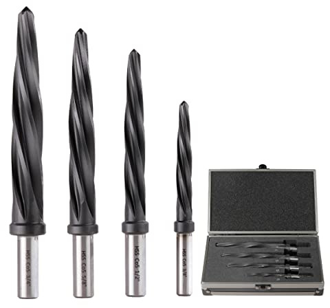 Jerax tools 4pcs Bridge/Construction Reamer Set, 3/8, 1/2, 5/8, 3/4”, M35 HSS Taper Chucking Reamer Drill Bit for Steel Alloy Aluminum Metal Wood Plastic, 3/8 or 1/2 Shank, to Enlarge/Align Holes
