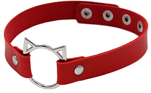 1 Stück Leder Halsband Halskette Katzenform Damen Leder Choker Metall Ring Halsband Gotik Punk Rock Lederband Einstellbar Kragen 33 cm-40 cm,Geeignet für Abendessen,Date,Party oder den Alltag,Rot