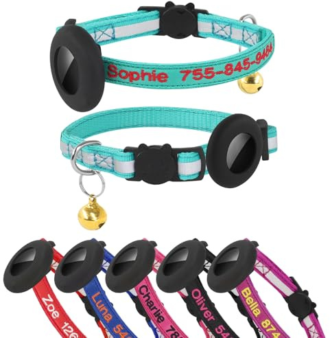 Personalisiertes Katzenhalsband, abnehmbares reflektierendes Halsband aus Nylon, bestickt mit Namen und Telefonnummer des Haustiers, wasserdichte Hülle und Glocke (mit Schutzhülle aus