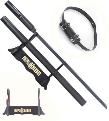 Sasuke Katana en Bois Lame Decoration Sabre Noir Epee Kusanagi Cosplay Uchiwa + Presentoir en Bois + Ceinturon Noir