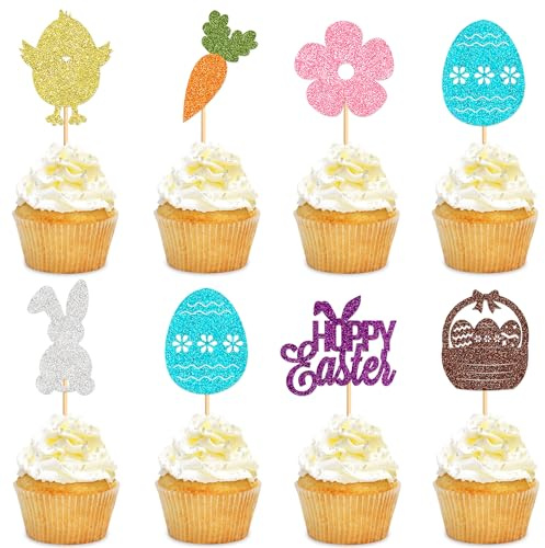 Blumomon 28Pcs Happy Easter Cupcakes Toppers Glitter Easter Bunny Egg Cupcake Picks Easter Egg Cake Toppers for Easter Party Cake Decorations Party Supplies