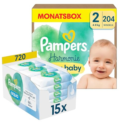 Pampers Harmonie Aqua Baby Set mit Windeln Größe 2 (4-8kg, 204 Stück), MONATSBOX, und Aqua Baby Feuchttücher, 720 Tücher (15 x 48), Baby Erstausstattung