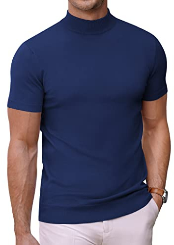 COOFANDY T-shirt för män, ståkrage, stickad, kortärmad, halvkrage, polotröja, män, stickad tröja, undertröja, slim fit, basic toppar, Marinblå, L
