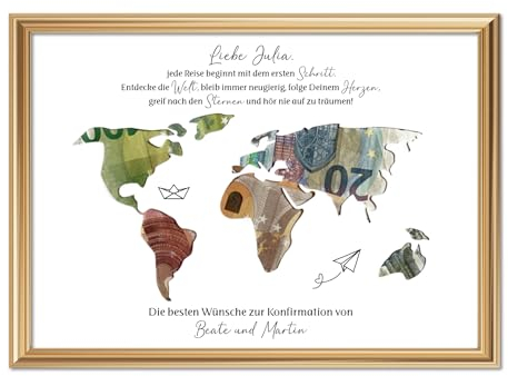 Geschenk Kommunion Konfirmation Jugendweihe Firmung Lebenswende etc. OHNE Rahmen, Mädchen Junge, personalisiertes Geldgeschenk, Weltkarte A4 (Weltkarte)