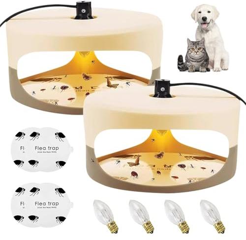 YANGUN Piège à Puces, 2 Pièces Piège à Puces pour Appartement, Piège à Puces pour la Maison, Lampe Piège à Puces avec 4 Ampoules 4 Disques Adhésifs, Piège à Puces pour Enfants et Animaux Domestiques