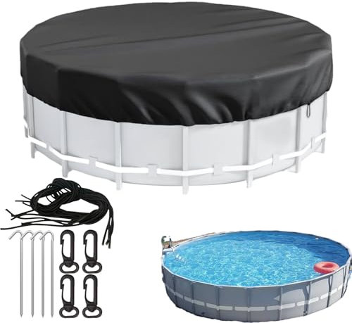 Above Ground Pool Covers, 8/10/12ft Waterproof Round Pool Covers, Dustproof Solar Covers for Inground Pool, Inground Pool Protector with Drawstring & Ground Spikes, Pool Accessories, Black