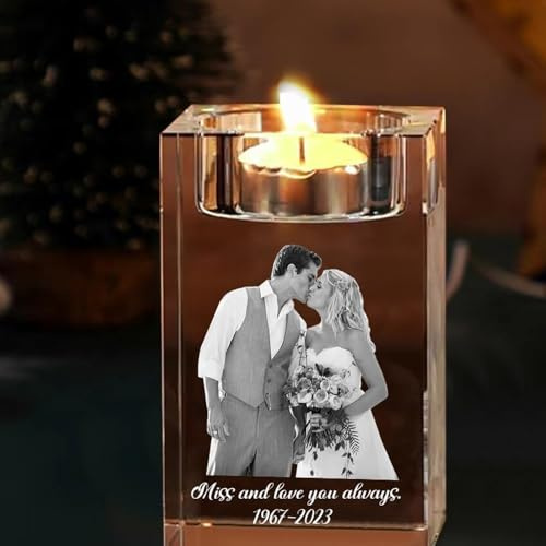 Personalisierte Benutzerdefinierte 3D-Foto Graviert Kristall-Kandelaber Mit Ihrem Eigenen Bild Text, Porträt Gedenken Teelicht Kerzenhalter Dekor Für Hochzeit, Jahrestag, Geburtstag, Weihnachten(10CM)