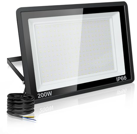 Jefedana 200W LED Außenstrahler, 20000LM 6500K IP66, 1 Stück | 20000LM hell, 6500K Kaltweiß, IP66 wasserdicht, Alu-Gehäuse, 50000h, 80% sparend, für Garten/Garage/Hotel/Sportplatz