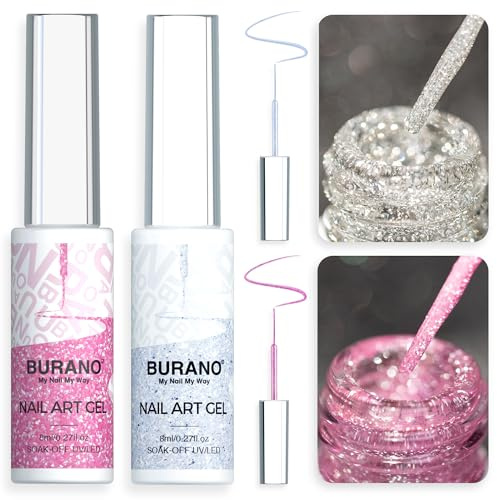 BURANO Silver Pink Reflective Glitter Gel Nail Polish Liner Gel LX13 LX28 | Holographic Glitter Gel Nail Polish Glitters 2 Bottle, Long Wearing No Chip, ThinBrush, Curing Required for DIY Home & Salon