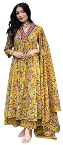Jaanvi fashion Women's Floral Printed Cotton Kurti Palazzo Pants Set with Dupatta (eva-ar-98-yellow-xxl)