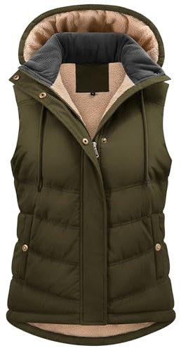 Tuopuda Chaleco Mujer Polar Chaleco Acolchado Invierno Termico Chaquetas sin Mangas con Capucha Desmontable Chalecos Exteriores con Bolsillos Outwear con Cremallera, verde militar, XXL