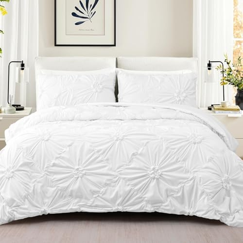 Uspring Quilts King Size Elegant Flower Bedding Set with 2 Pillow Shams, Lightweight Soft Quilted Bedspreads Cozy Stylish Floral Bedding Comforter Sets for All Season (White, 104'' x 90'')