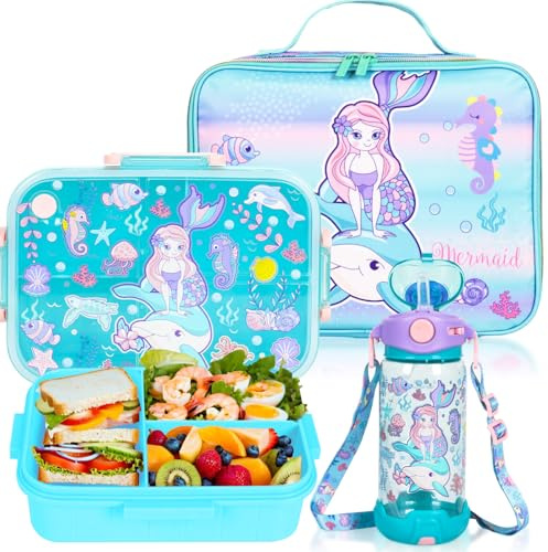 PinkSheep Kids Bento Lunch Box Set with 1200 ml Leak-Proof Lunch Containers with 3 Compartments, 650ml BPA-Free Water Bottle, Insulated Lunch Bag for School Kids Girls Boys (Mermaid)