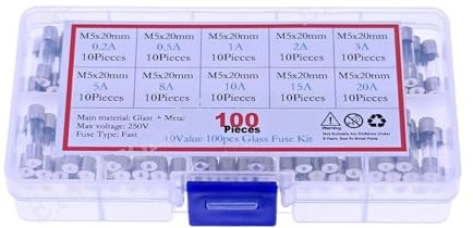 AIRUIXI sicherungen 100pcs 5x20mm 12 V - 250 V Schnellblaswassersicherung Seortiertes Kit 0,2a 0,5a 1a 2a 3a 5a 8a 10a 15a 20a Amp -Sicherungsrohrmischungsset Set