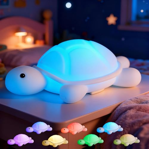 POSSHE Schildkröten Nachtlicht, Meeresschildkröten Geschenk, süße weiche Silikon Quetsch LED-Lampe mit 7 RGB-Farben, dimmbar, Timer, Touch-Steuerung, Kinderzimmer Dekoration, Geschenk für Kinder
