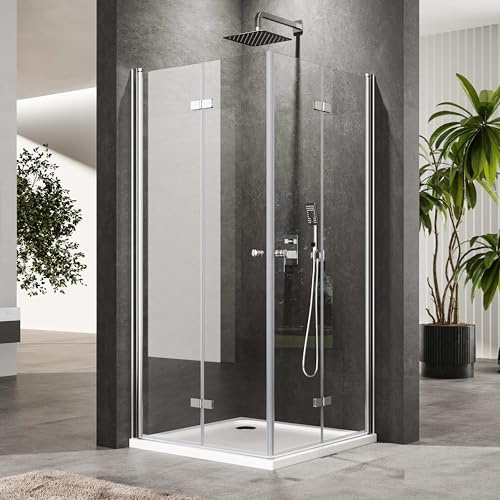 Duschkabine Eckeinstieg 80x80x185cm Doppel-Falttür Duschabtrennung | 6mm Sicherheitsglas | Doppelte Falttüren | 180° Faltbar | Hebe-Senk-Mechanismus | Platzsparend | Leichte Reinigung